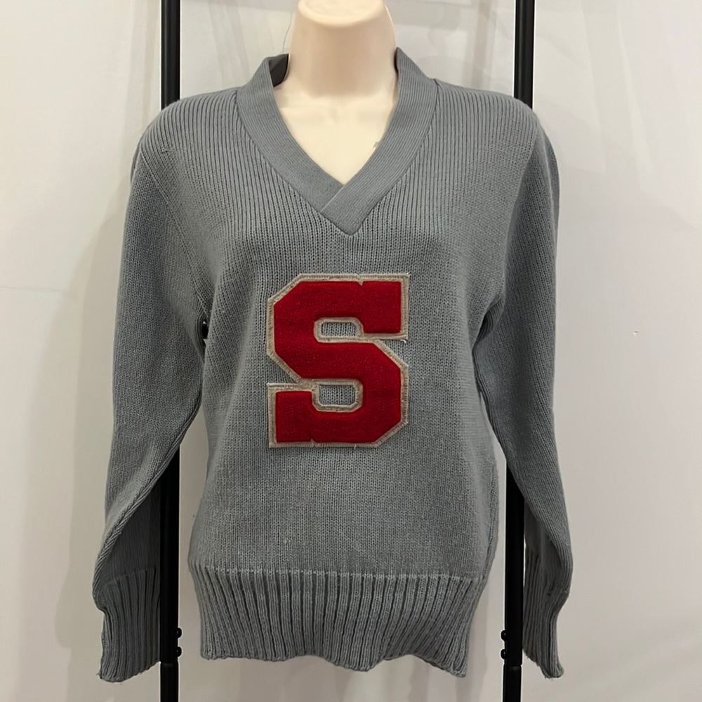 Vintage 60s Bristol Products S Letter V-Neck Sweater Size 34 Preppy Y2K Academia